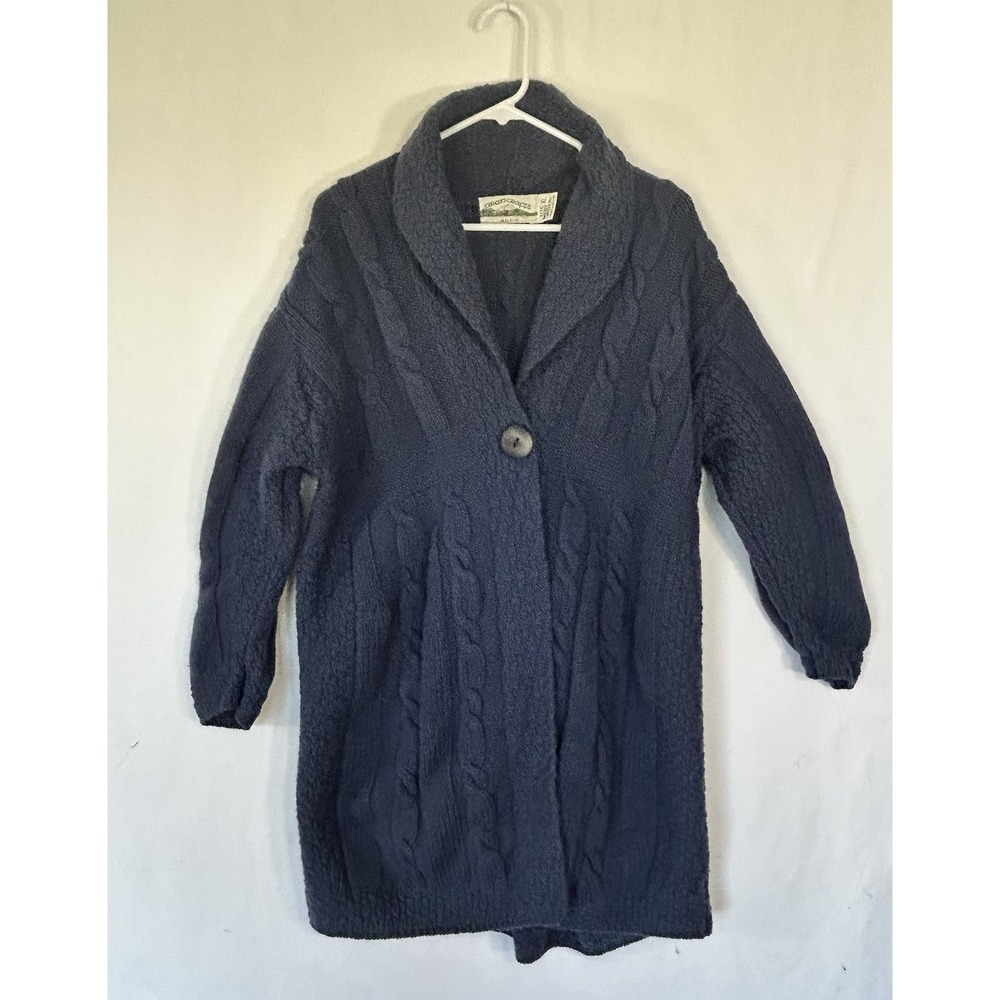 Aran Crafts Ireland Merino Wool Long Cable Knit Caridigan Sweater Coat Blue XL